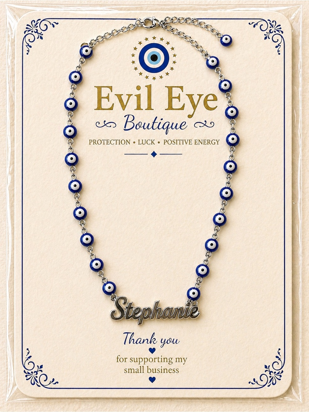 "Stephanie" Personalized Blue Evil Eye Necklace